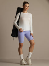 [Hvit] SilkSilky-NO Langermet Tett Crew Neck T-skjorte for Kvinner 009