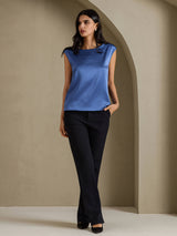 [Ekte Petrol] SilkSilky-NO Cap Sleeve Round Neck T-skjorte for Kvinner 005