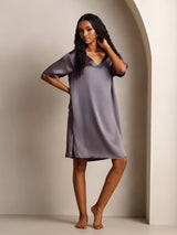 [Lilla Grå] SilkSilky-NO Half Sleeve V Neck Nattkjole 006
