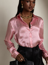 [Rosa Stripe] SilkSilky-NO Long Sleeve Lapel Collar Skjorte for Kvinner 001