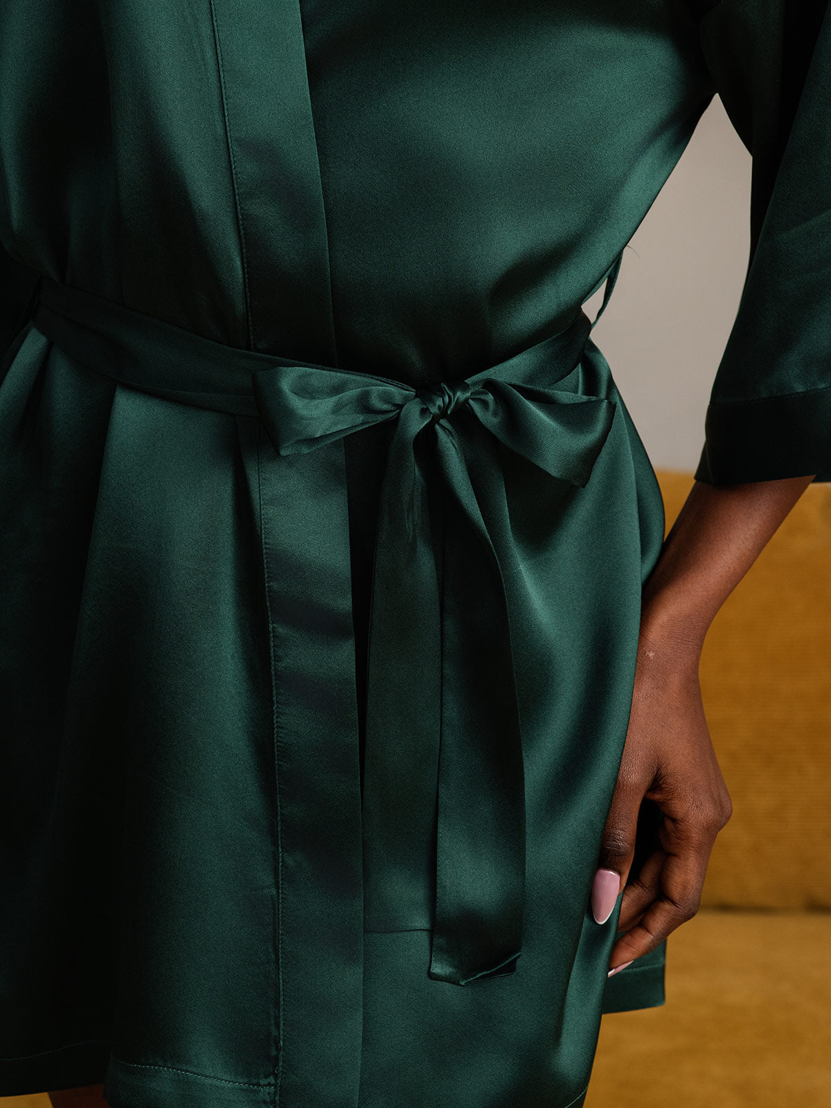 [Mørk Grønn] SilkSilky-NO Pure Silk Half Sleeve Womens Robe 010