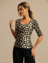 [Leopard] SilkSilky-NO Halv erme Dyp Rund Halsutringning T-skjorte for Kvinner 003
