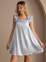 [Gråblå] SilkSilky-NO Sleeveless Square Neck Nattkjole 004