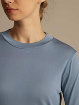 [Gråblå] SilkSilky-NO 100% High-Twist Silk Jersey Long Sleeve Crew Neck T-skjorte for Kvinner 007