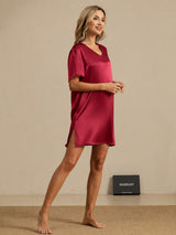 [Mørkerød] SilkSilky-NO Half Sleeve V Neck Nattkjole 006