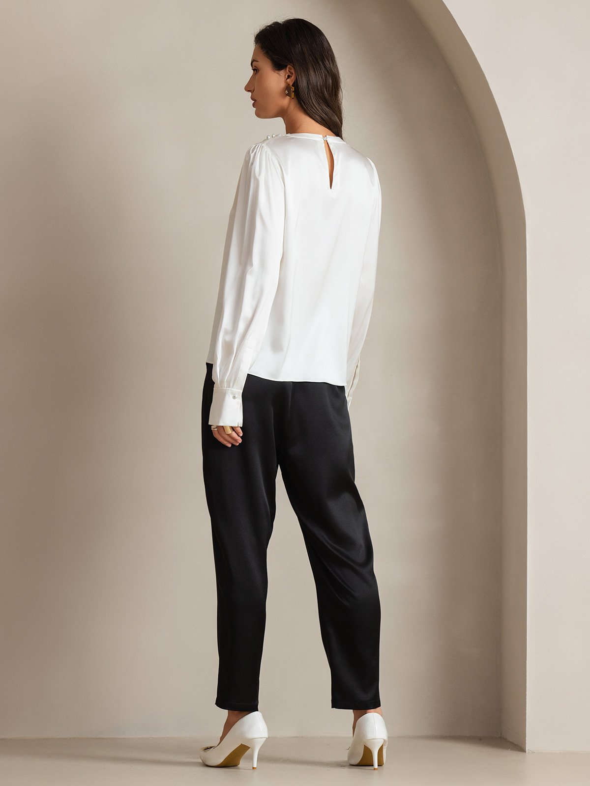 [Hvit] SilkSilky-NO 19Momme Silke Womens Shirt 002