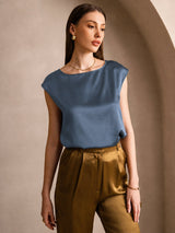 [Ekte Petrol] SilkSilky-NO Cap Sleeve Round Neck T-skjorte for Kvinner 001