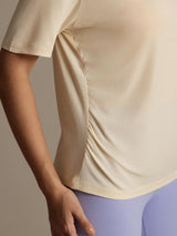 [Beige] SilkSilky-NO Kort erm V Hals T-skjorte for Kvinner 007