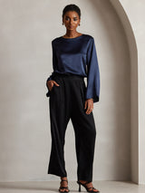 [Mørke blå] SilkSilky-NO Long Sleeve Boat Neck Bluse 007
