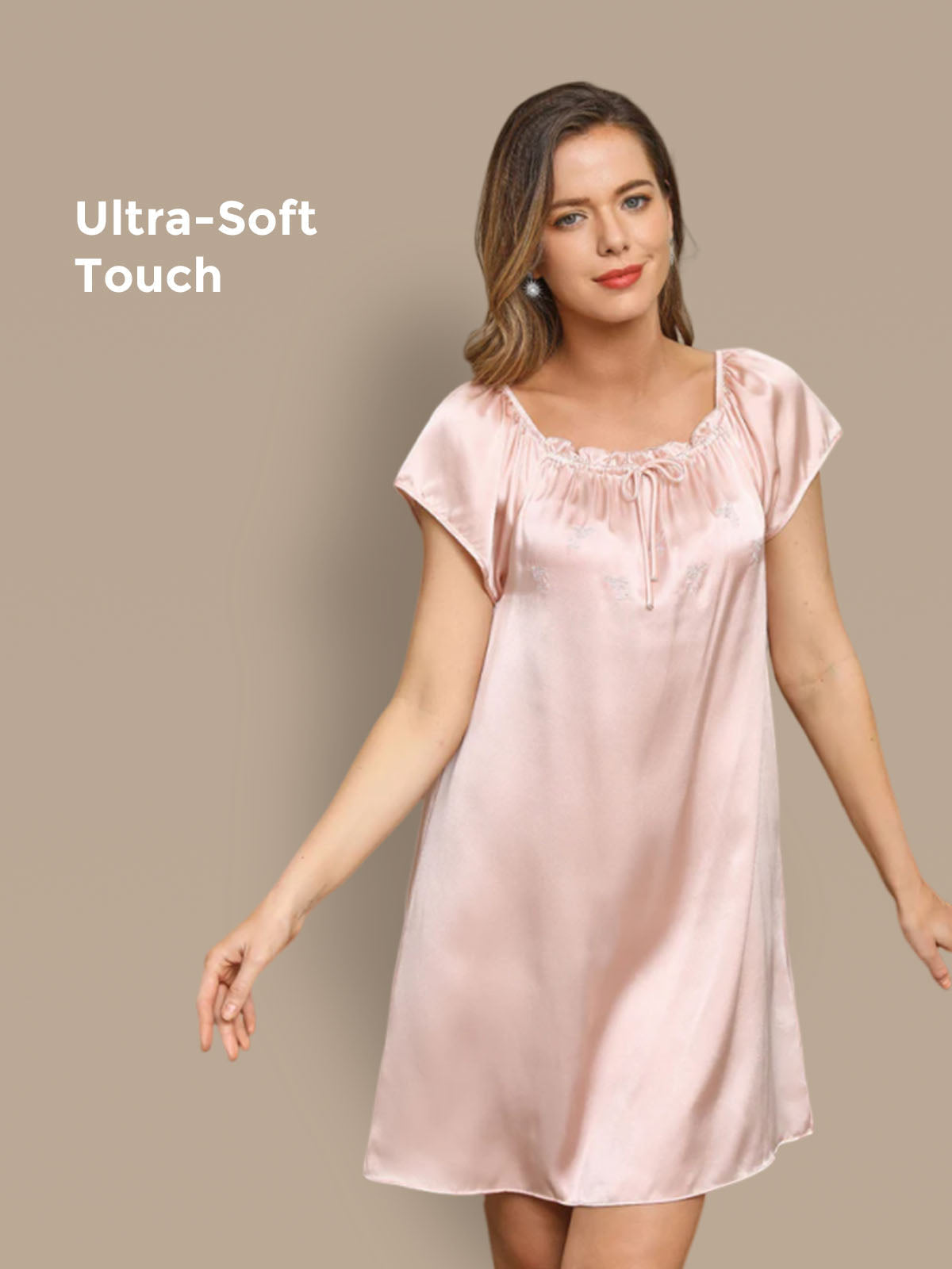 [Lyserosa] SilkSilky-NO Cap Sleeve Square Neck Nattkjole 001