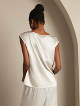 [Hvit] SilkSilky-NO Cap Sleeve Round Neck T-skjorte for Kvinner 002