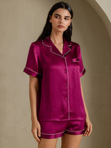 [Fuchsia] SilkSilky-NO Short Sleeve Lapel Collar Pyjamas for Kvinner 006