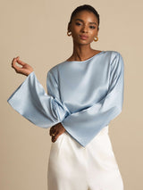 [Gråblå] SilkSilky-NO Long Sleeve Boat Neck Bluse 004
