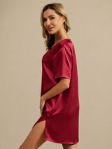 [Mørkerød] SilkSilky-NO Half Sleeve V Neck Nattkjole 003