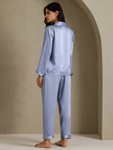 [Stål Blå] SilkSilky-NO Long Sleeve Lapel Collar Pyjamas for Kvinner 002
