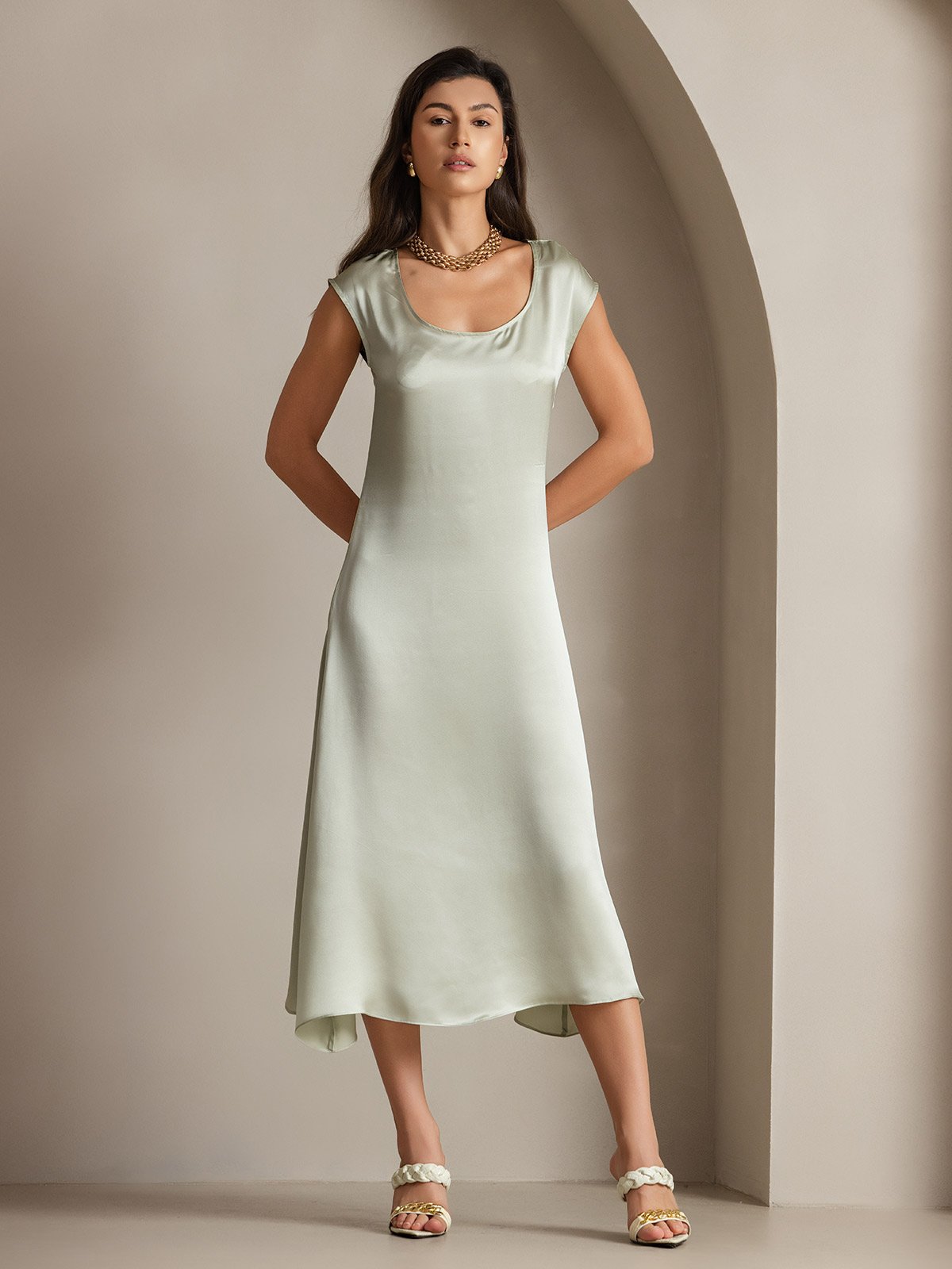 [Lysegrønn] SilkSilky-NO 19Momme Silke Dress 001