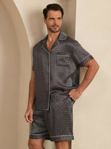[Svart Ginkgo] SilkSilky-NO Short Sleeve Lapel Collar Pyjamas for menn 001