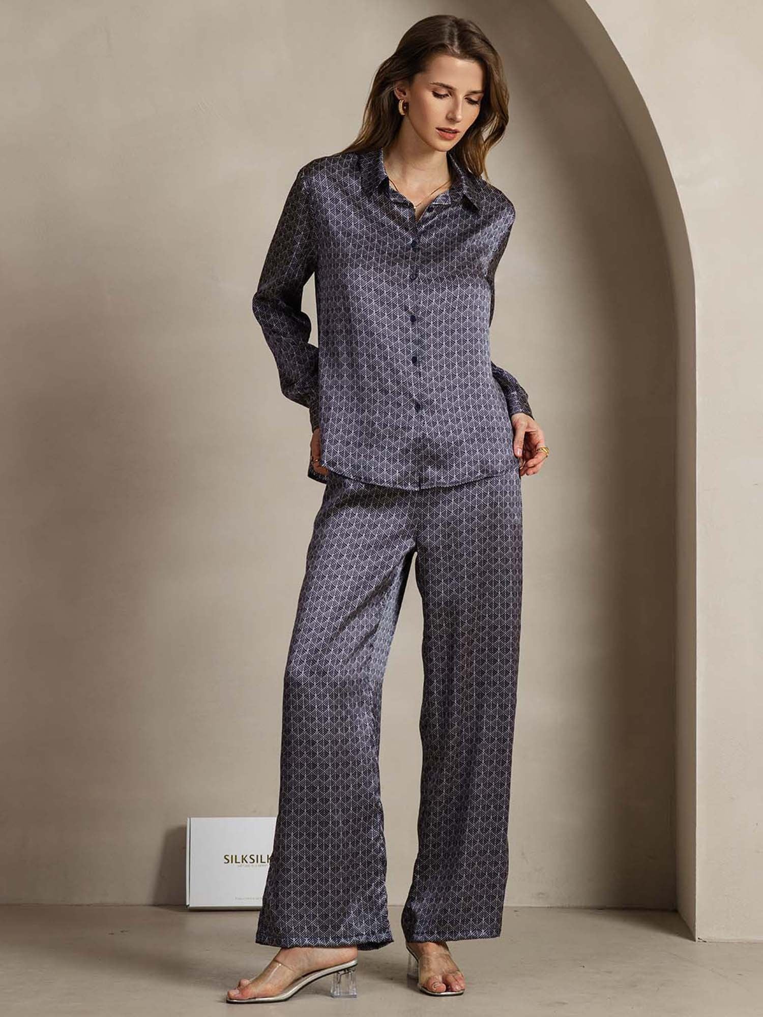 [MarineGinkgo] SilkSilky-NO 19Momme Silke Lapel Collar Women''s Outfit Sets 003