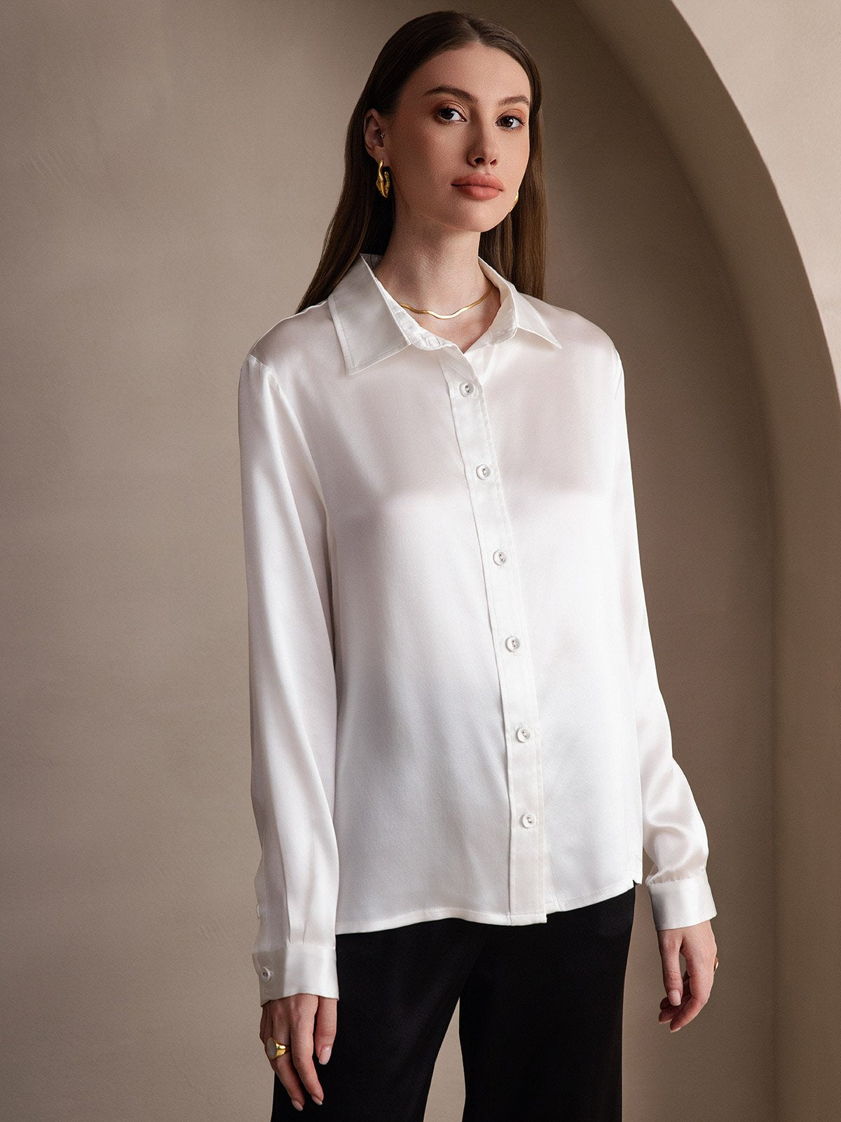 SilkSilky-NO 19Momme Silke Womens Shirt Hvit 003