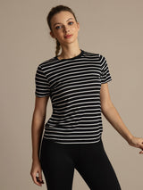 [Svart Stripe] SilkSilky-NO Kort erm Tett Crew Neck T-skjorte for Kvinner 002