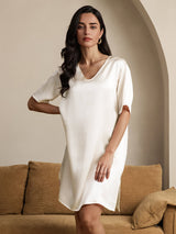 [Beige] SilkSilky-NO Half Sleeve V Neck Nattkjole 001