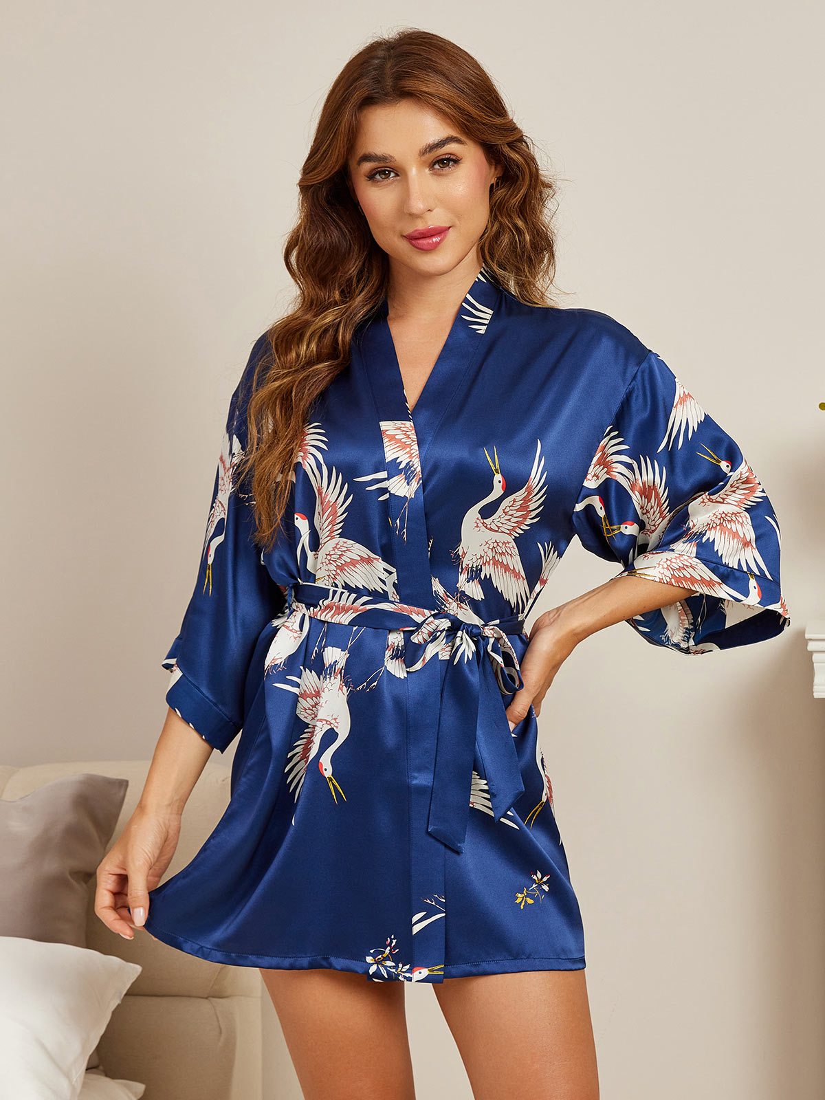 [Mørke blå] SilkSilky-NO 19Momme Pure Silk 3/4 Sleeve V-Hals Morgenkåpe for Kvinner 003