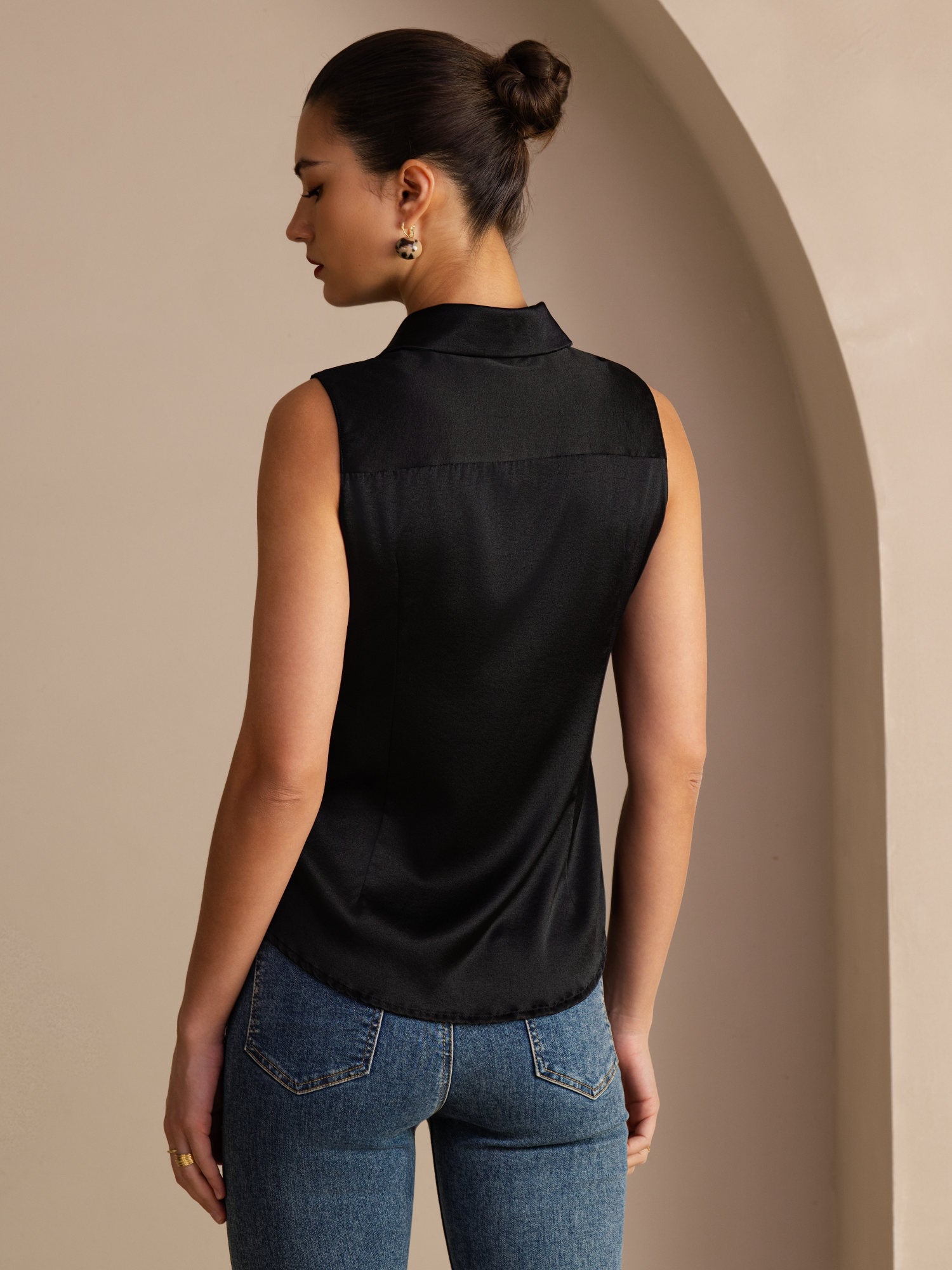 [Svart] SilkSilky-NO Sleeveless Lapel Collar Skjorte for Kvinner 002