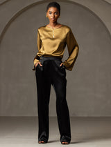 [Brun] SilkSilky-NO Long Sleeve Boat Neck Bluse 008