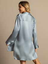 [Gråblå] SilkSilky-NO Long Sleeve Lapel Collar Soveskjorte 003