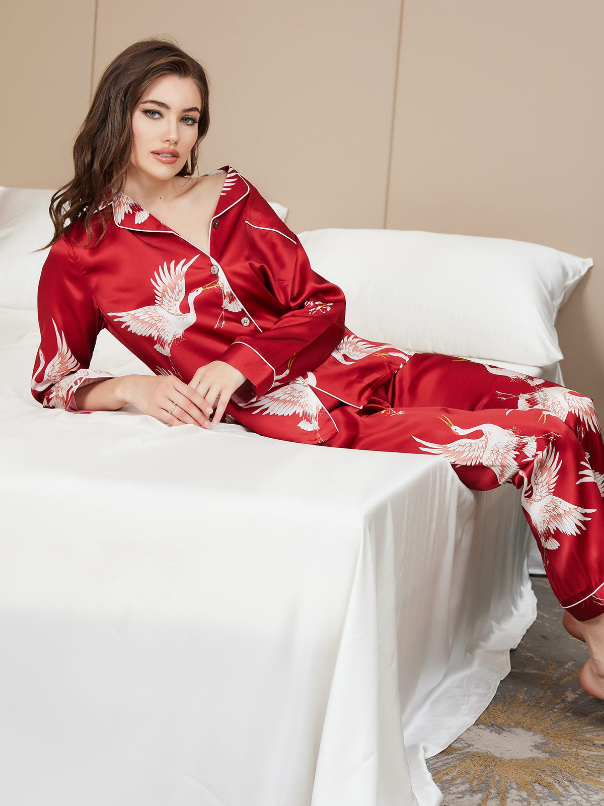 [Mørkerød] SilkSilky-NO 19Momme Womens Pajamas 008,