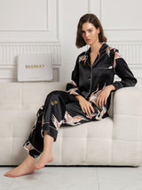 [Svart] SilkSilky-NO Long Sleeve Lapel Collar Pyjamas for Kvinner 005