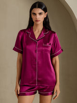 [Fuchsia] SilkSilky-NO Short Sleeve Lapel Collar Pyjamas for Kvinner 006