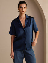 [Mørke blå] SilkSilky-NO Short Sleeve Lapel Collar Skjorte for Kvinner 001
