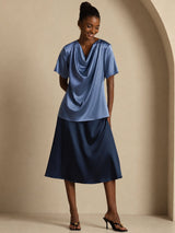 [Ekte Petrol] SilkSilky-NO Short Sleeve Cowl Neck Damebluser 006