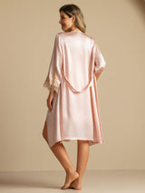 [Rosa] SilkSilky-NO 3/4 Sleeve V Neck Nattkjole og Morgenkåpesett 002