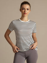 [Hvit Stripe] SilkSilky-NO Kort erm Tett Crew Neck T-skjorte for Kvinner 001