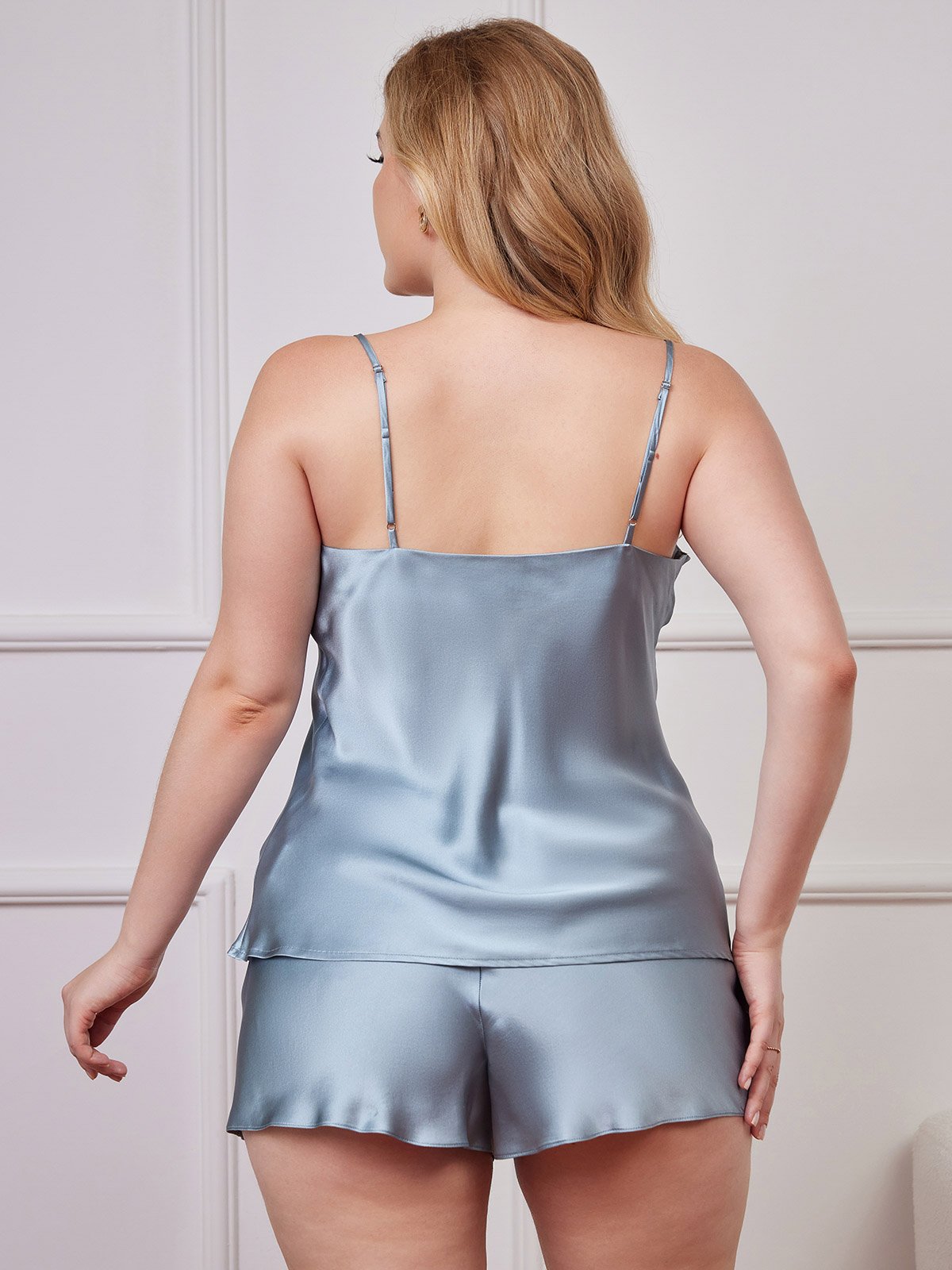 [Gråblå] SilkSilky-NO Pure Silk V-Hals Plus Size Camisole Set 002