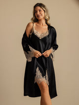 [Svart] SilkSilky-NO 3/4 Sleeve V Neck Nattkjole og Morgenkåpesett 006