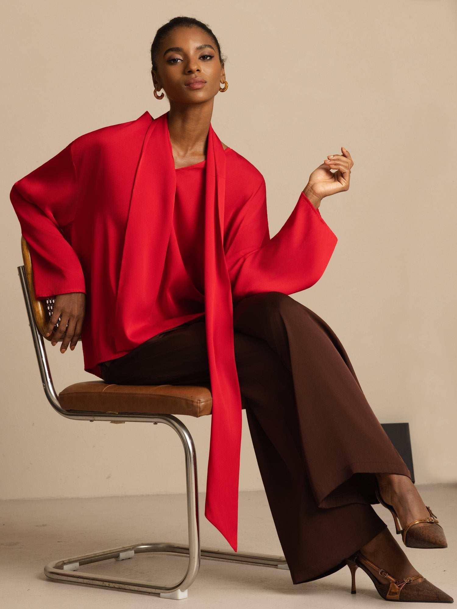 [Vin] SilkSilky-NO 19Momme Silke Langermet V Hals Bluse 001