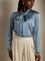 [Gråblå] SilkSilky-NO Long Sleeve Tie Neck Damebluser 006