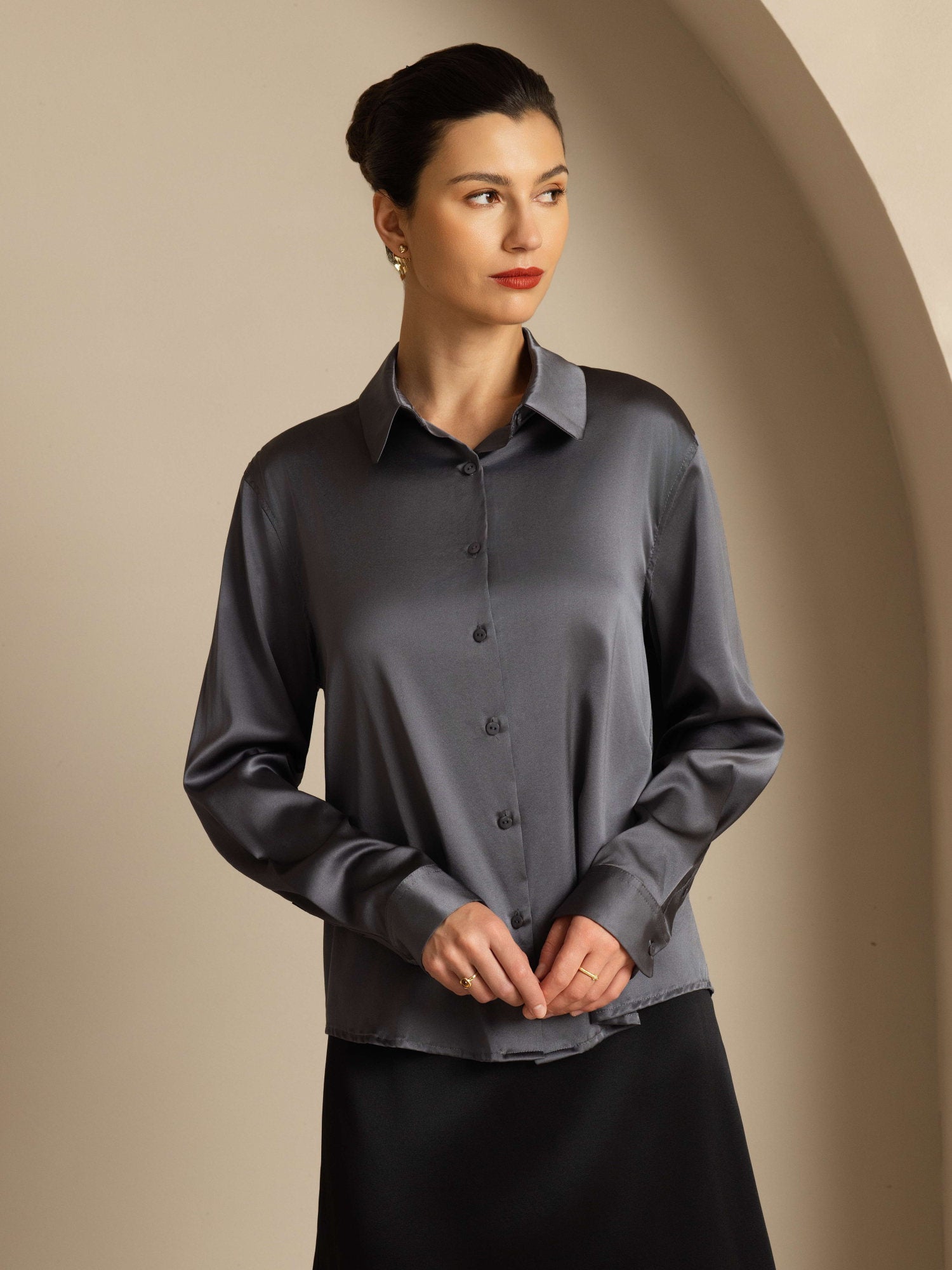 [Mørkegrå] SilkSilky-NO Silke Womens Shirt 007