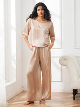 [Champagne] SilkSilky-NO Halv erme Round Neck Pyjamas for Kvinner 003