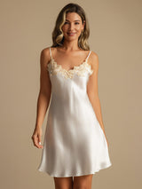 [Hvit] SilkSilky-NO Spaghetti Strap V Neck Nattkjole 006