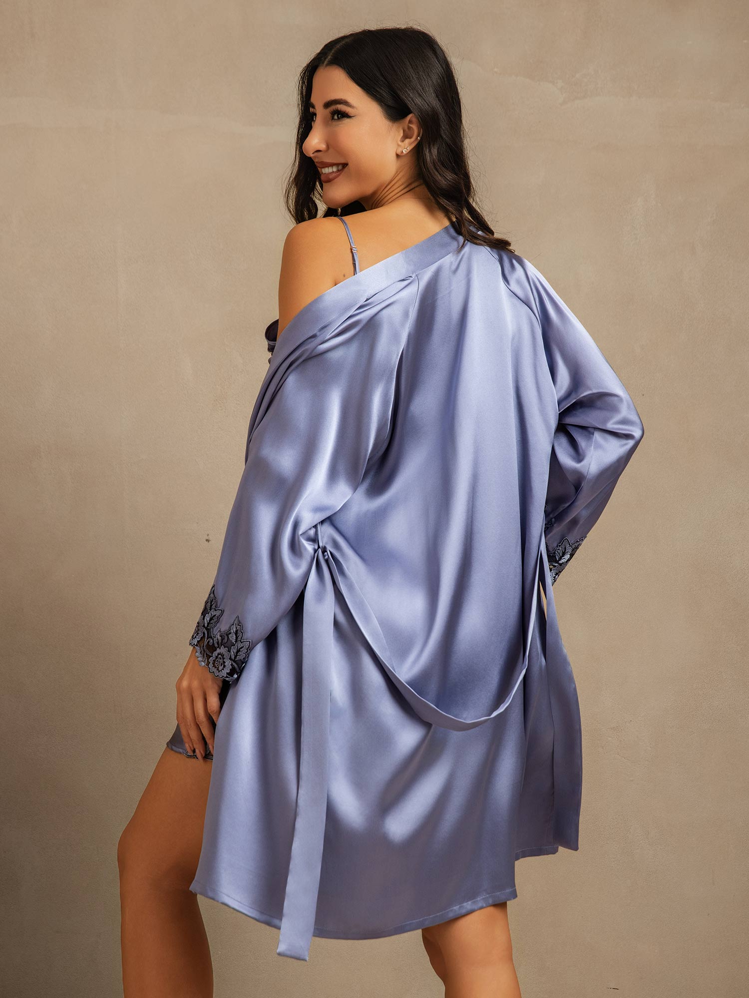 [Stål Blå] SilkSilky-NO Nightgown&Robe Set 002