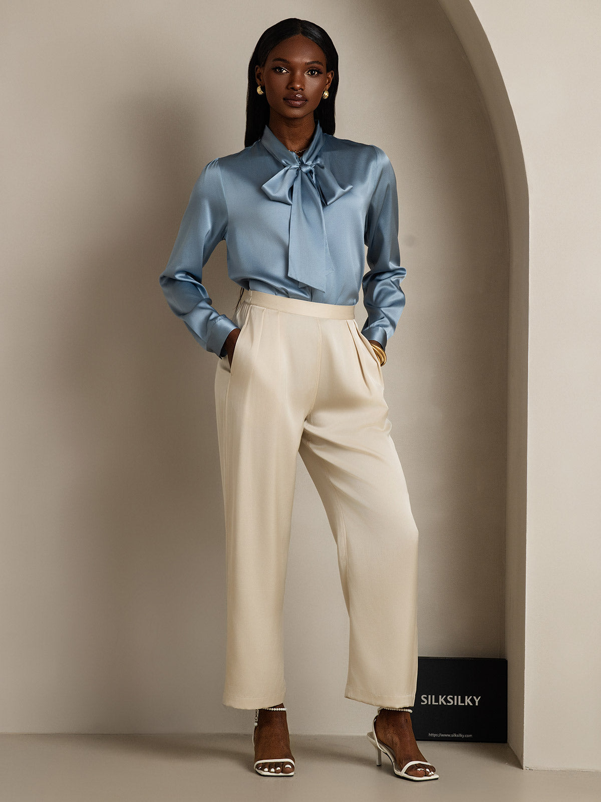 [Gråblå] SilkSilky-NO 19Momme Silke Long Sleeve Tie Neck Skjorte for Kvinner 007