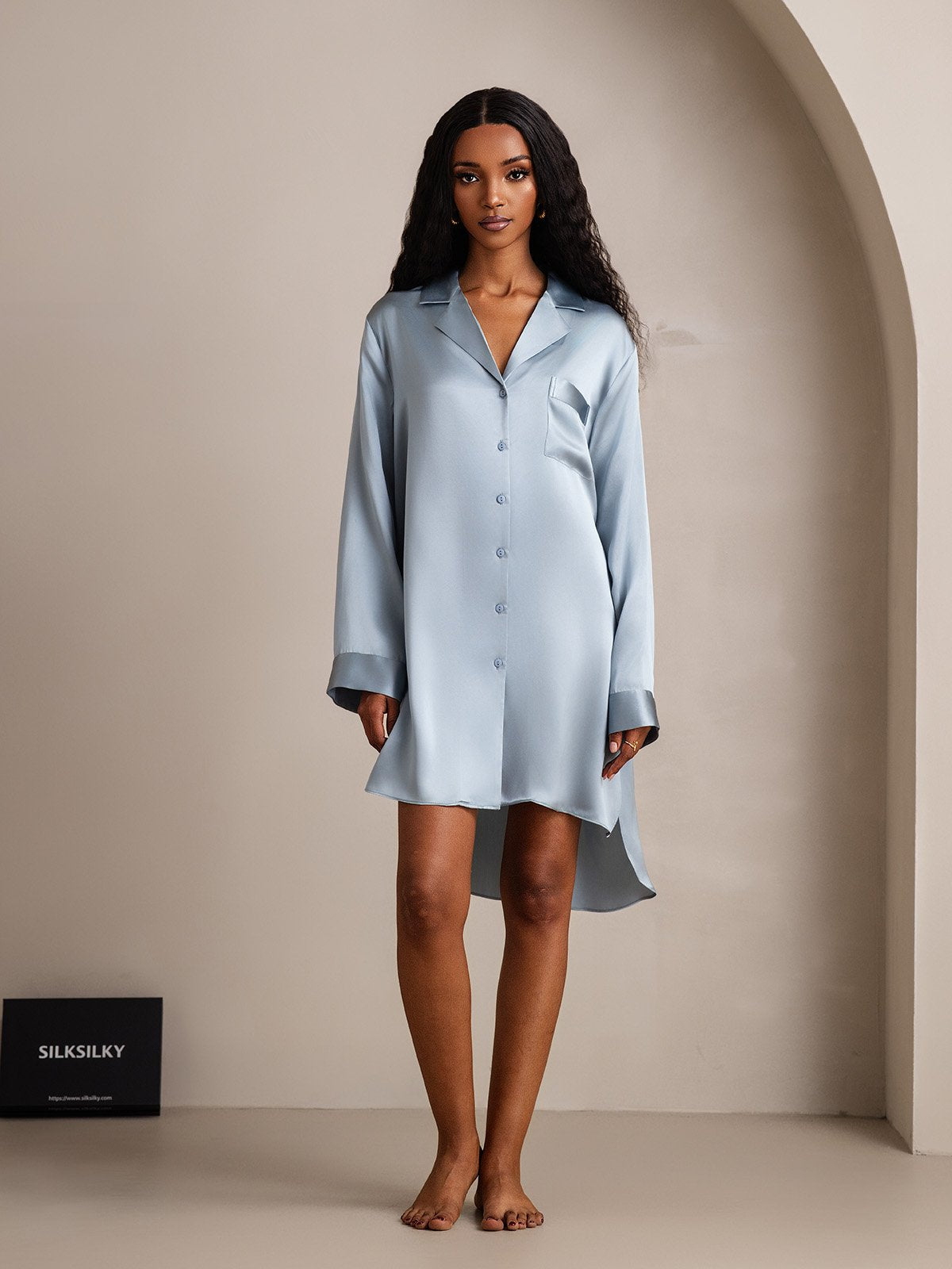 [Gråblå] SilkSilky-NO Silke Nightgown 003