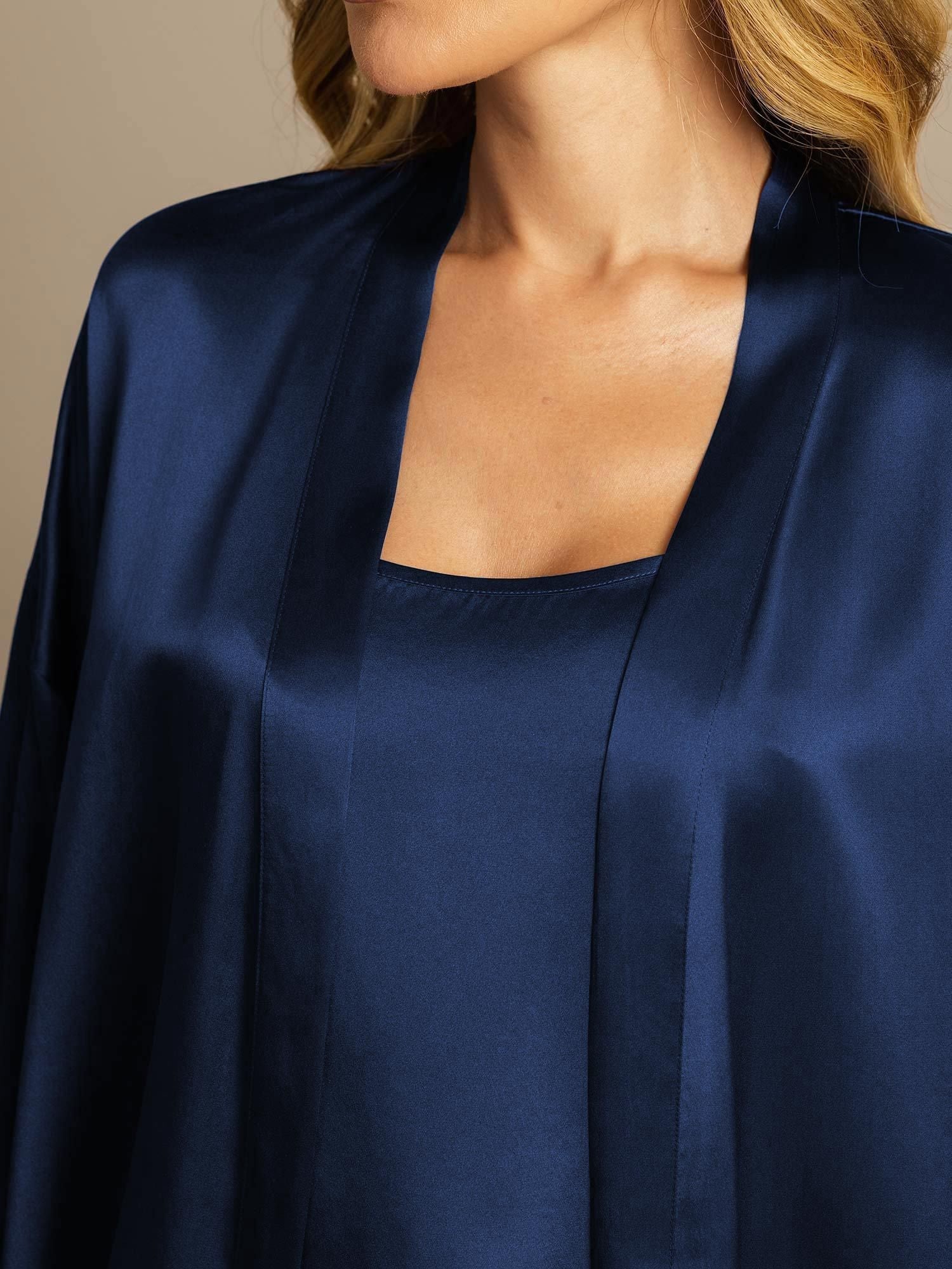 [Mørke blå] SilkSilky-NO Silke Nightgown&Robe Set 004,