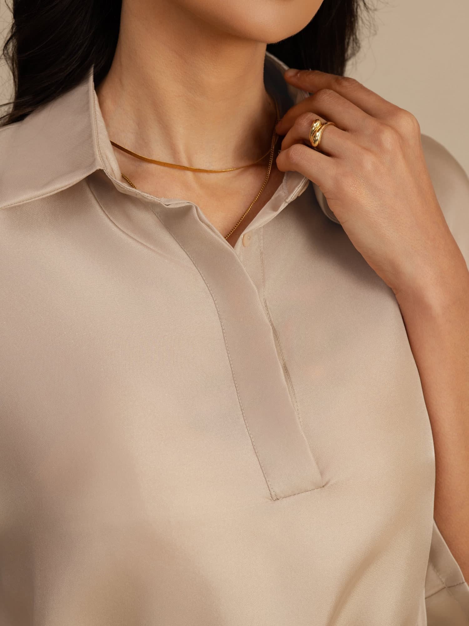 [Tan] SilkSilky-NO 18Momme Halv erme Slagkrage Bluse 004