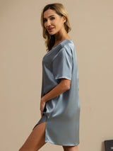 [Gråblå] SilkSilky-NO Half Sleeve V Neck Nattkjole 004
