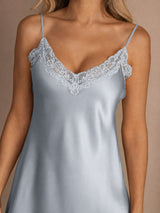 [Gråblå] SilkSilky-NO Spaghetti Strap V Neck Nattkjole 004